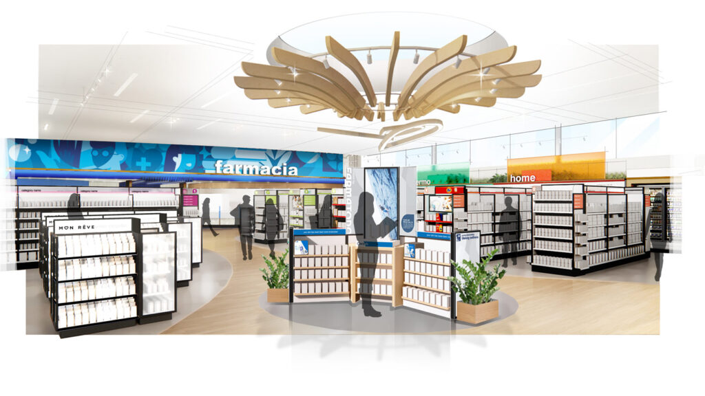 Designer rendering of entry of new Farmatodo pharmacy retail flagship store design by Chute Gerdeman